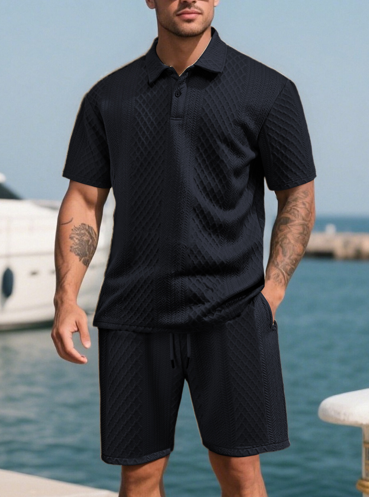 Men’s Textured Jacquard Polo Shirt & Shorts Set – Casual Two-Piece Outfit