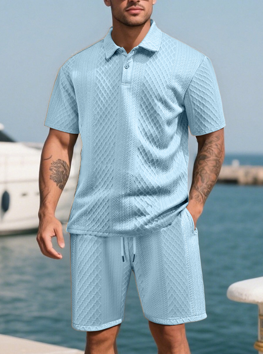 Men’s Textured Jacquard Polo Shirt & Shorts Set – Casual Two-Piece Outfit