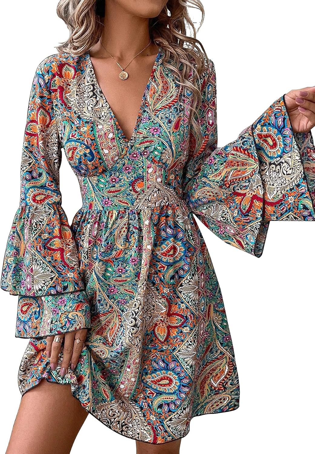 ONLYWOOD Womens V Neck Casual Long Flared Sleeves Blouse A-Line Elegant Mini Short Swing Dress High Waist Paty Dresses
