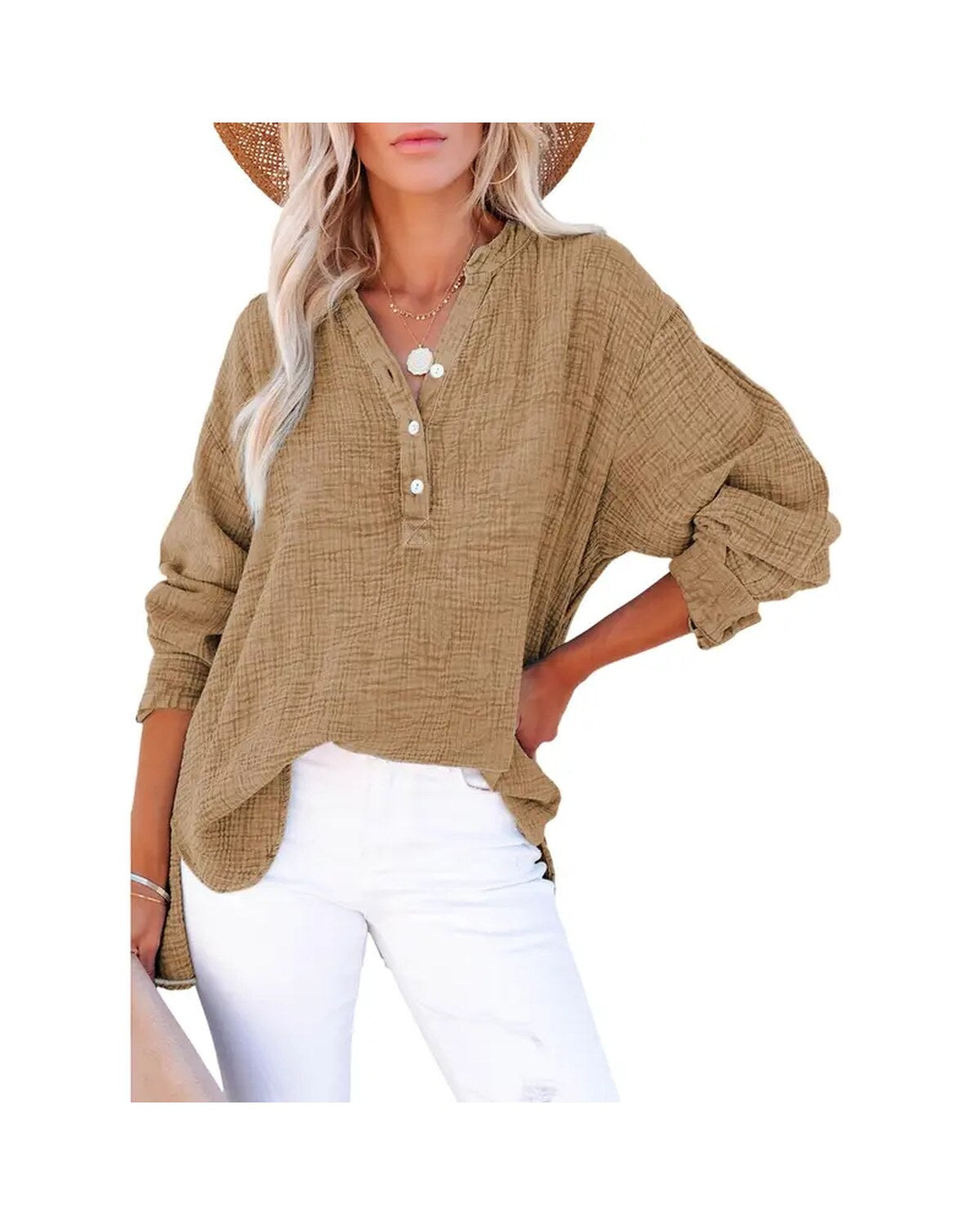 Womens Casual Button V Neck Long Sleeve Shirts Oversized Solid Blouses Tops