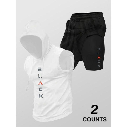 Men’s Sleeveless Hooded Workout Set – Layered Drawstring Shorts Two-Piece Activewear