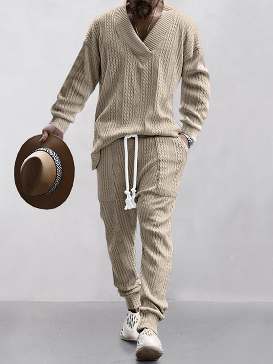 Men's Luxury Cable Knit V-Neck Set – Premium Casual Two Piece Outfit