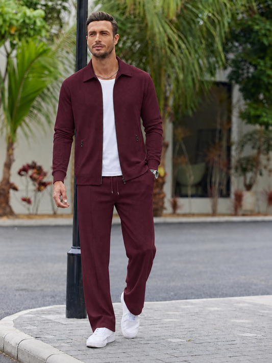 Men’s Textured Zip-Up Jacket & Pants Set – Smart Casual Two-Piece Outfit