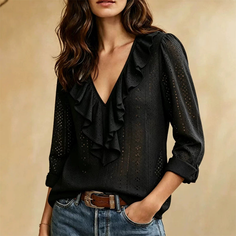 Black women's V-neck ruffle blouse
