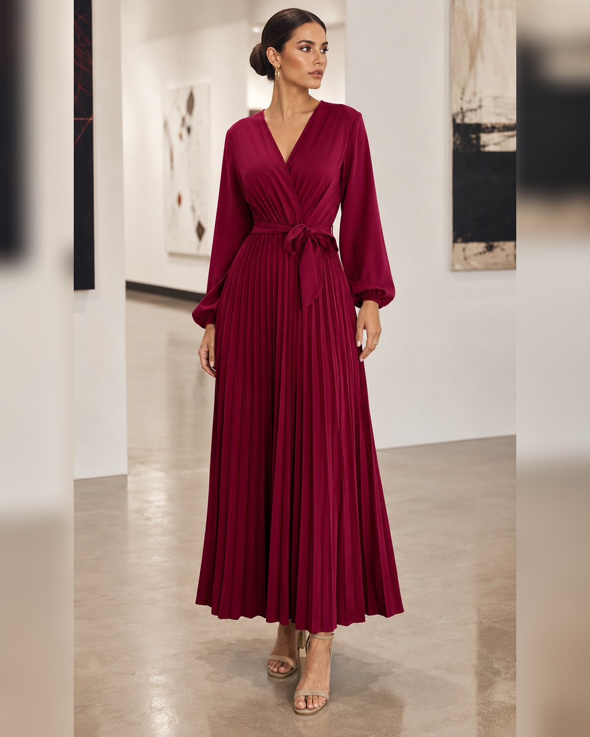 Women’s Casual Pleated Belted Wrap V-Neck Midi Dress for Fall