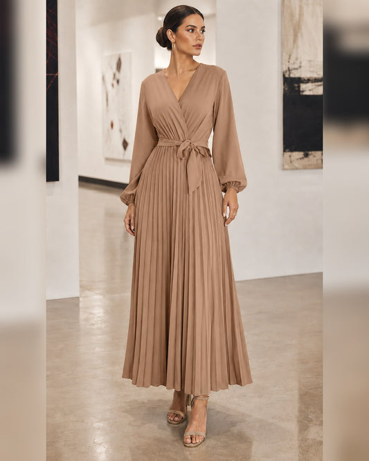 Women’s Casual Pleated Belted Wrap V-Neck Midi Dress for Fall
