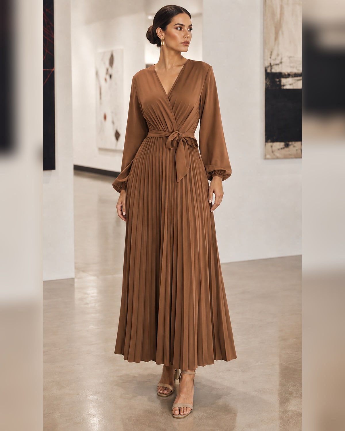 Women’s Casual Pleated Belted Wrap V-Neck Midi Dress for Fall