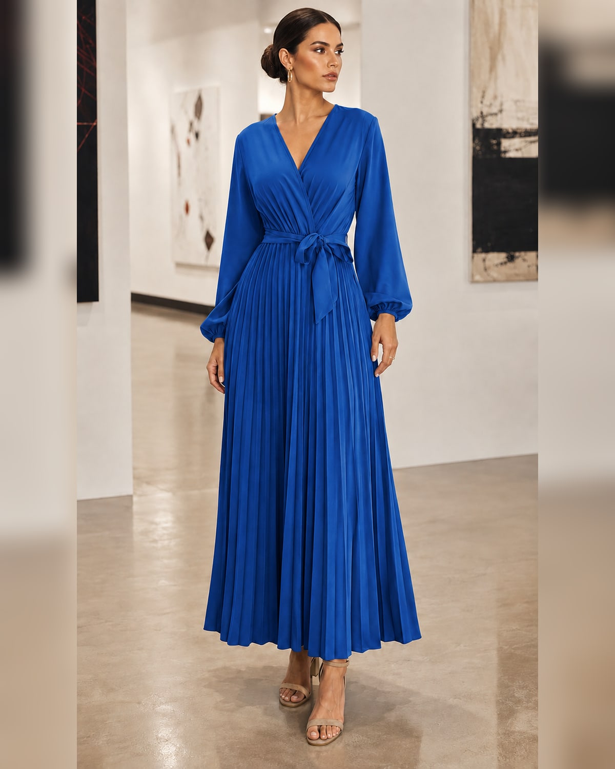 Women’s Casual Pleated Belted Wrap V-Neck Midi Dress for Fall