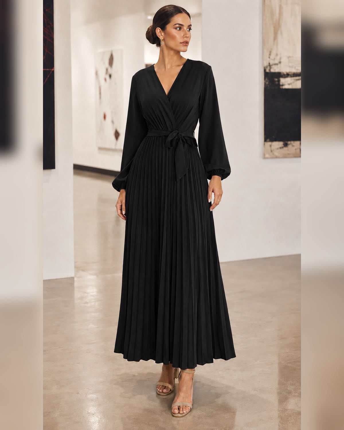 Women’s Casual Pleated Belted Wrap V-Neck Midi Dress for Fall