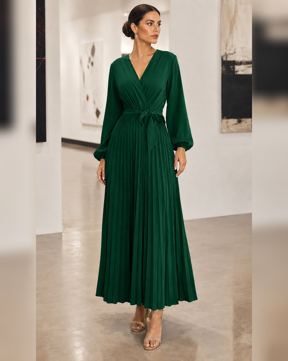 Women’s Casual Pleated Belted Wrap V-Neck Midi Dress for Fall