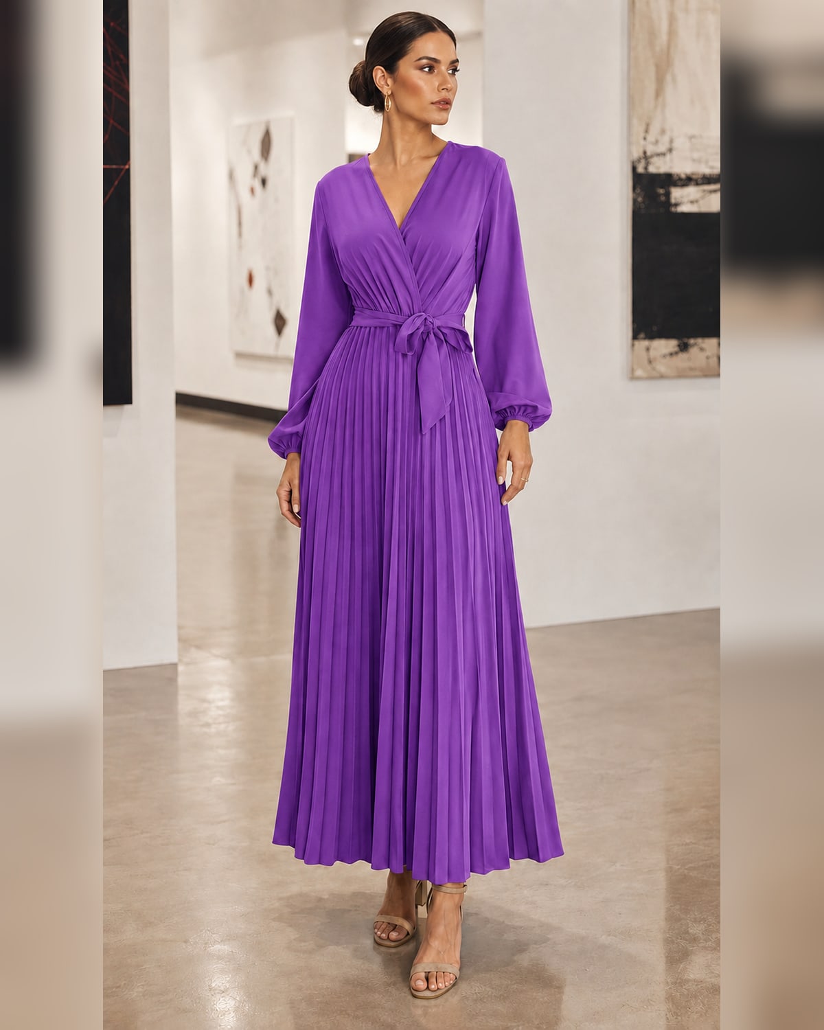Women’s Casual Pleated Belted Wrap V-Neck Midi Dress for Fall