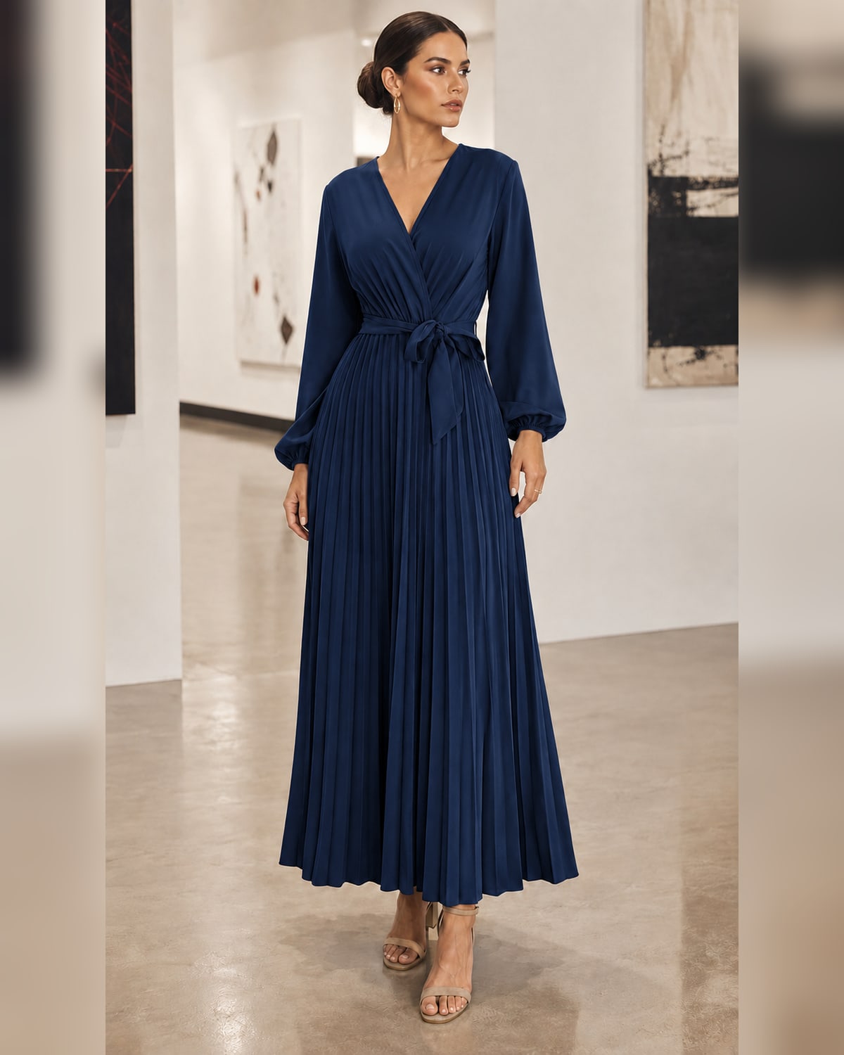 Women’s Casual Pleated Belted Wrap V-Neck Midi Dress for Fall