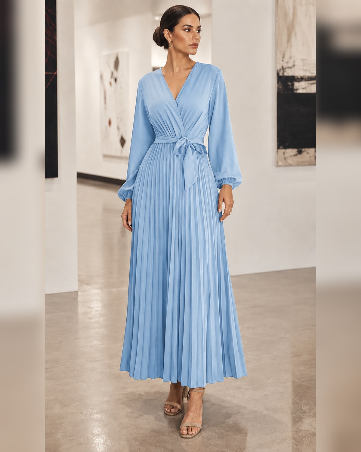 Women’s Casual Pleated Belted Wrap V-Neck Midi Dress for Fall