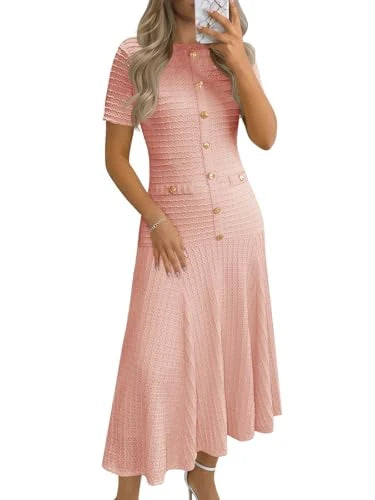 Women’s Textured Gold-Button A-Line Midi Dress – Elegant & Flattering