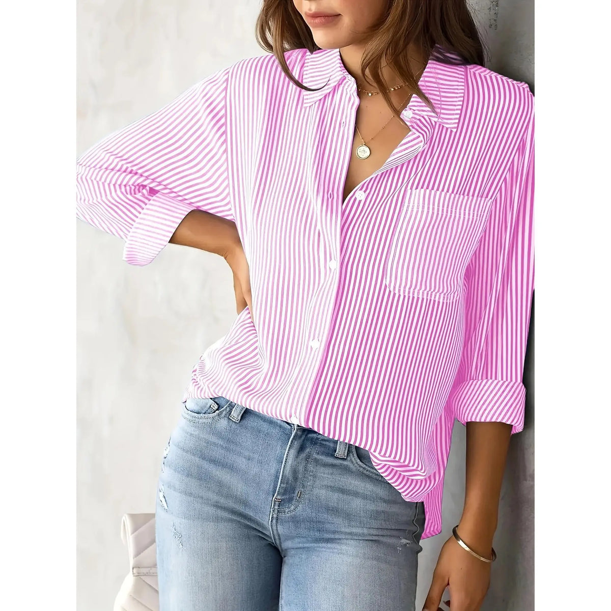 Women's Striped Button-Front Long Sleeve Blouse - Pink