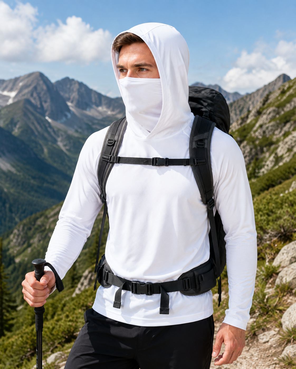 Men's UPF 50+ Long-Sleeve Sun-Ice Silk Protection Hoodie (with Sleeve Pocket and Face Mask)