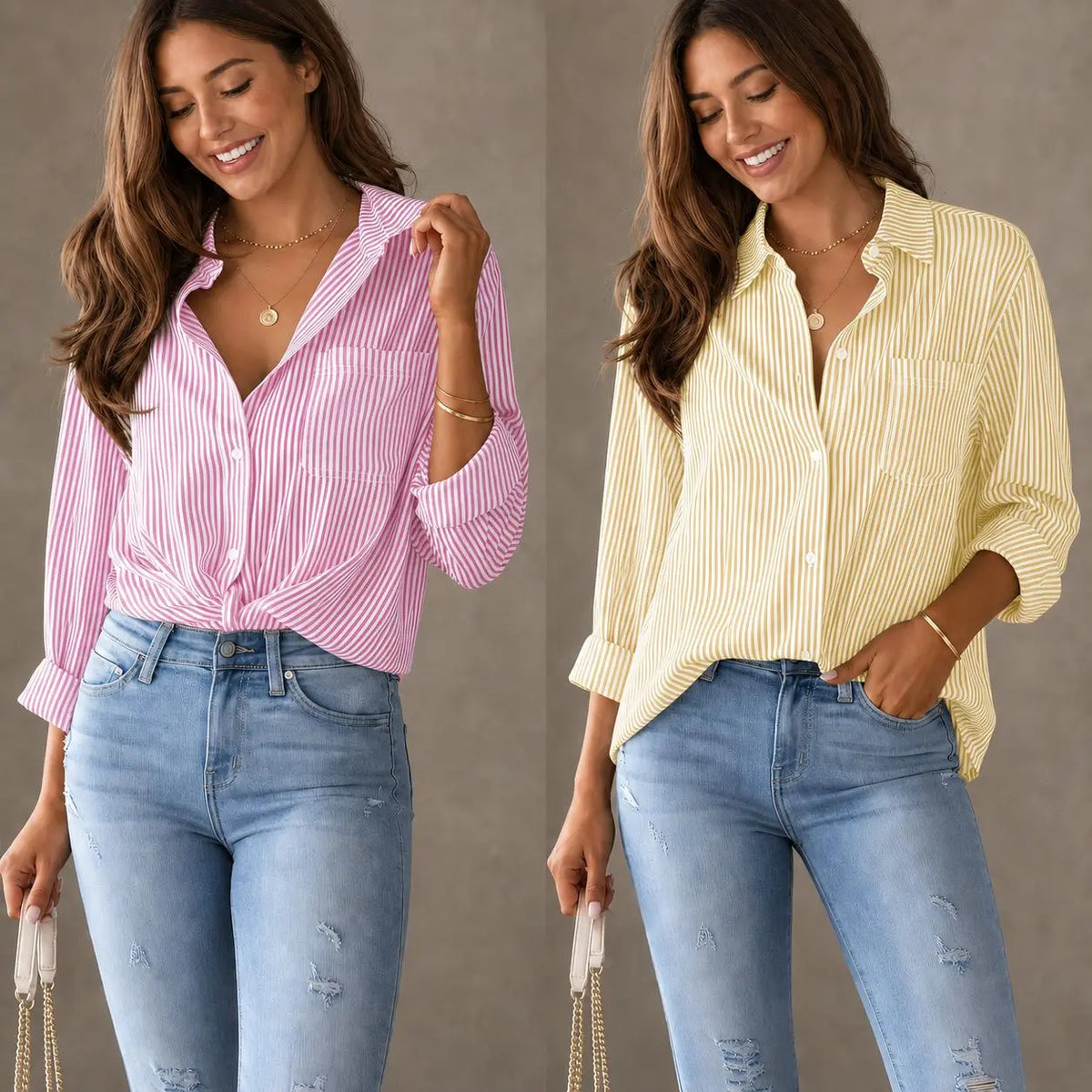 Women's Striped Button-Front Long Sleeve Blouse - Pink / Yellow