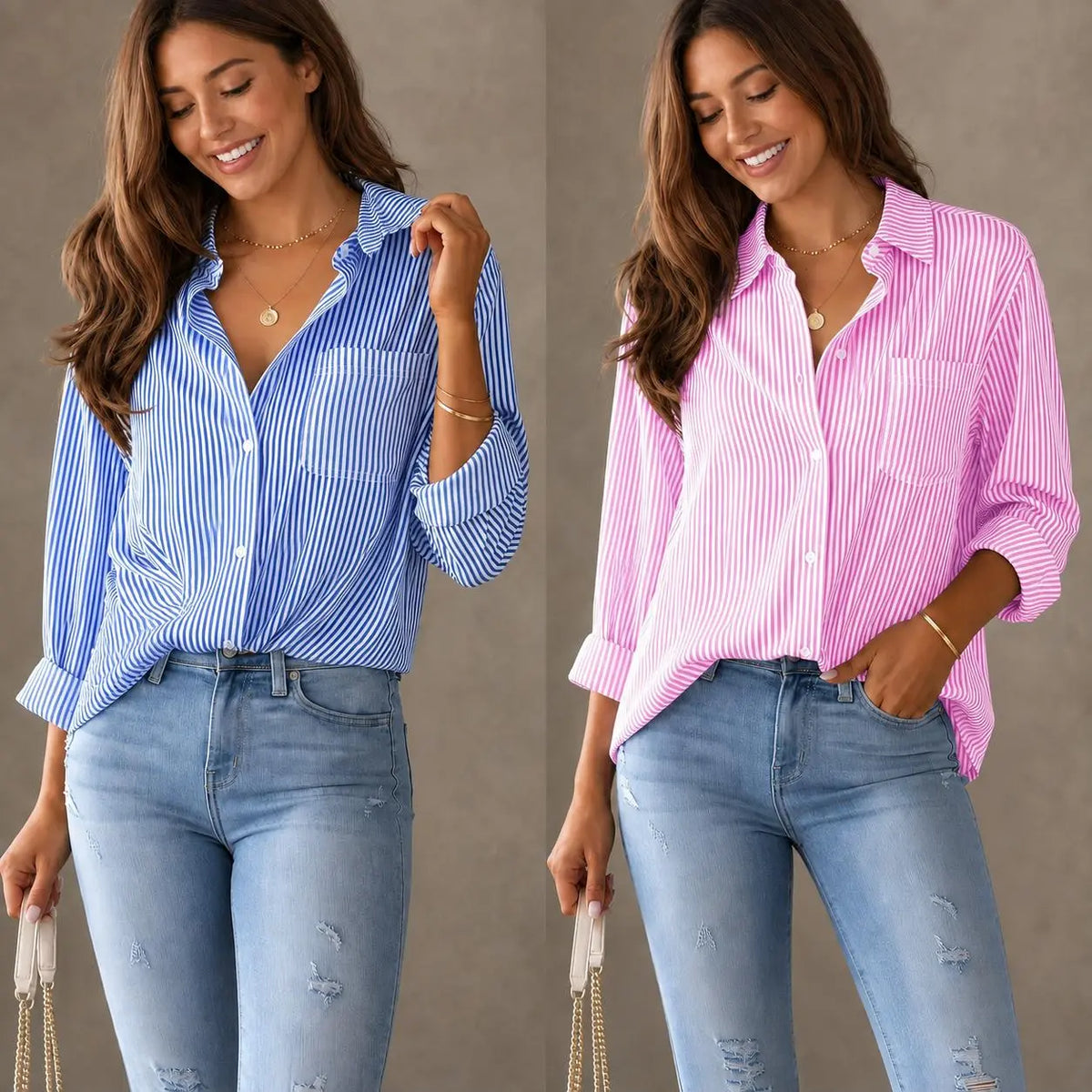 Women's Striped Button-Front Long Sleeve Blouse - Blue / Pink