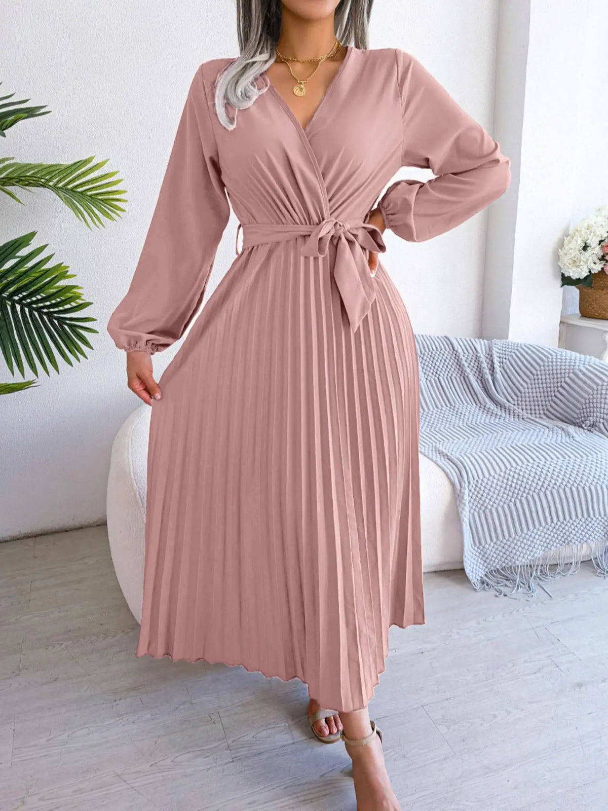 Women's Pleated Belted Wrap V-Neck Midi Dress - Baby Pink