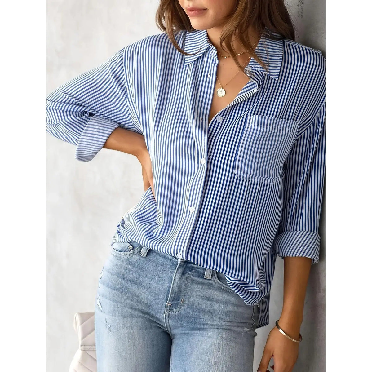 Women's Striped Button-Front Long Sleeve Blouse - Blue