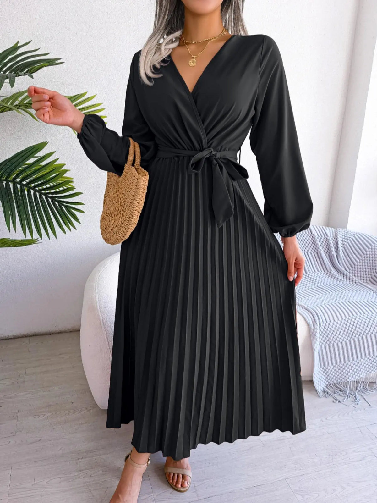 Women's Pleated Belted Wrap V-Neck Midi Dress - Black