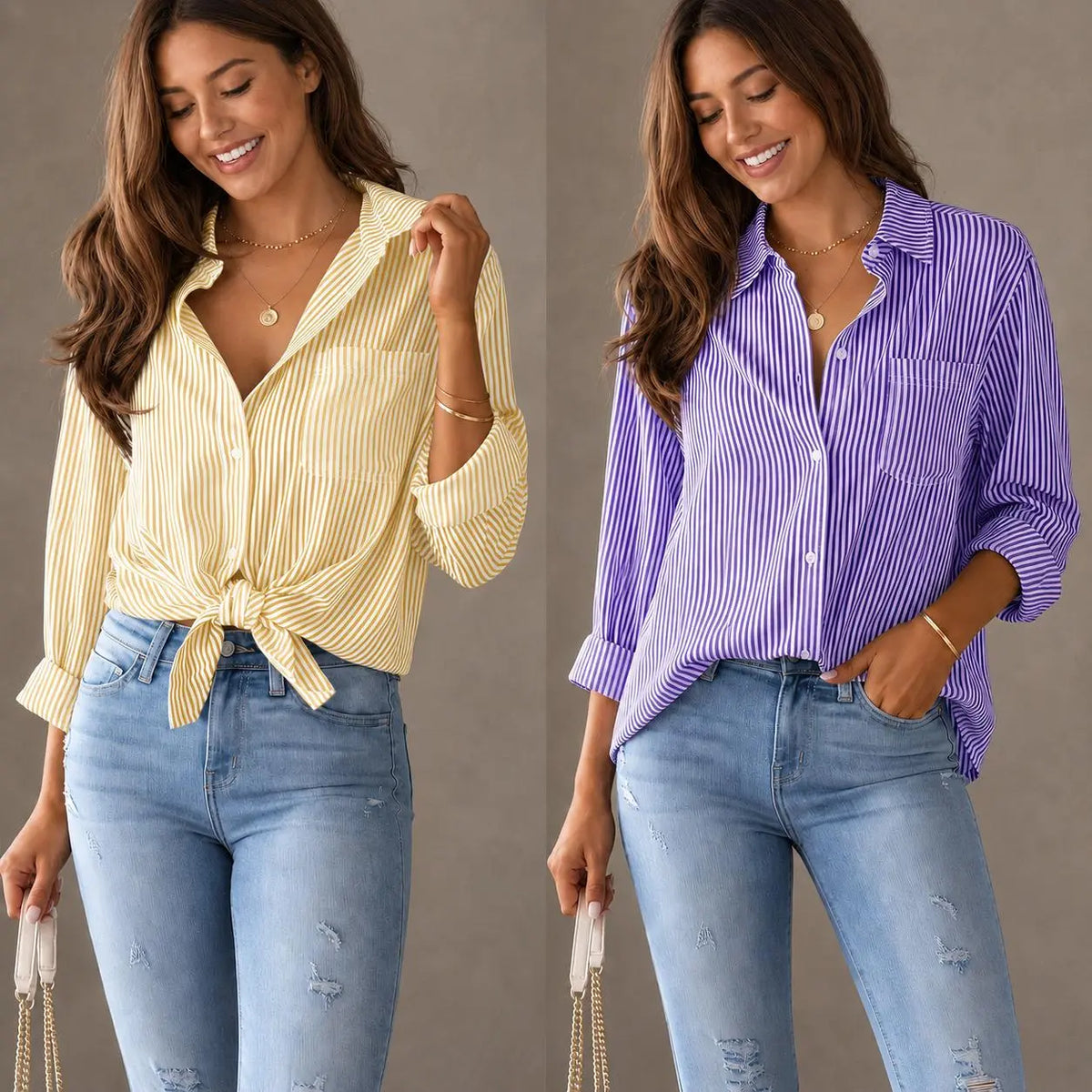 Women's Striped Button-Front Long Sleeve Blouse - Yellow / Purple