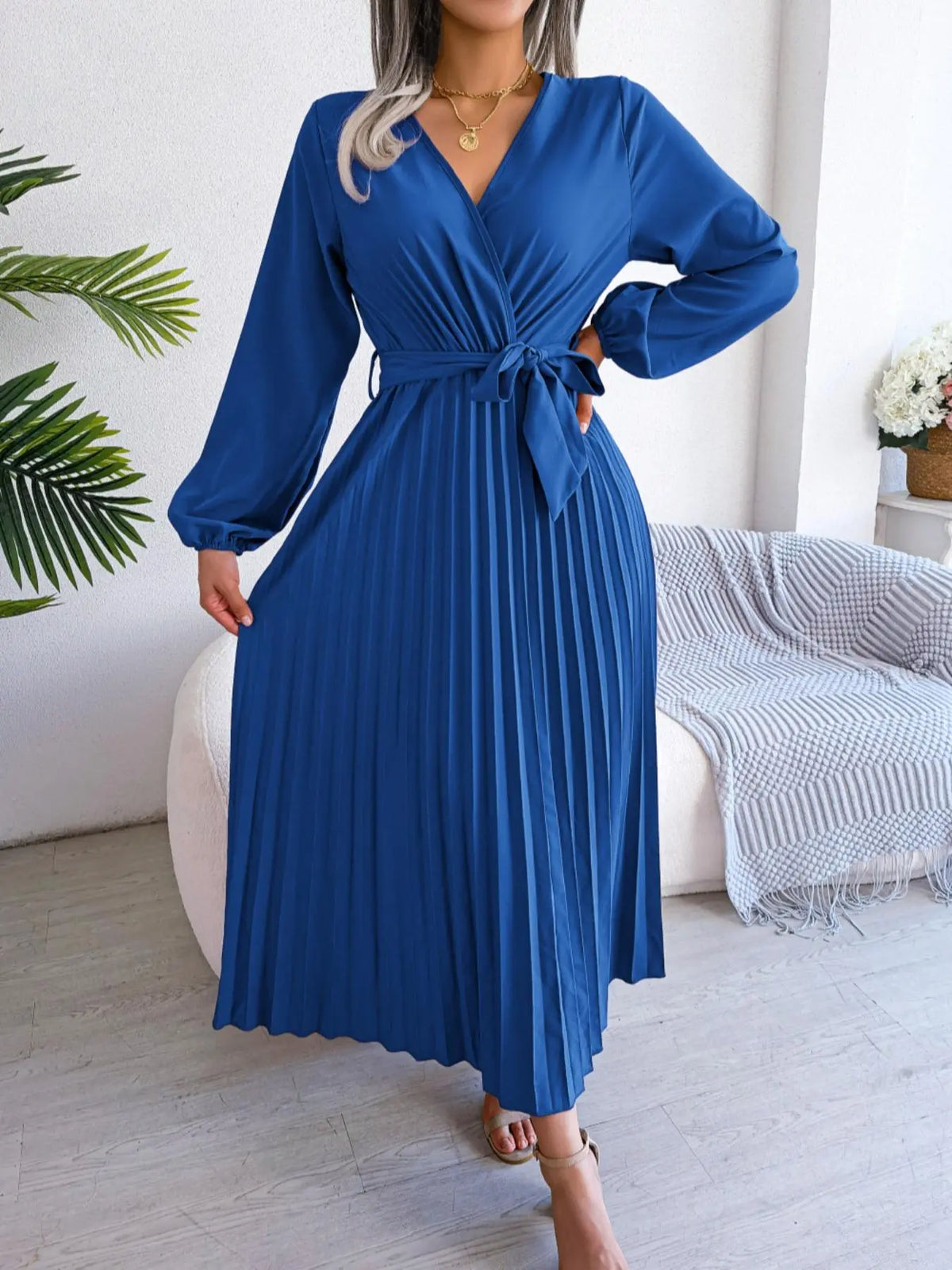 Women's Pleated Belted Wrap V-Neck Midi Dress - Royal Blue