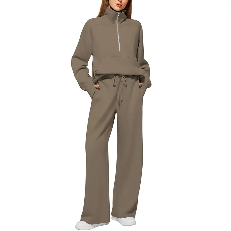 Women's 2-Piece Chic Ribbed Silk-Like Loungewear Set - Drop-Shoulder Oversized Half-Zip Pullover Top with Thumbholes, High-Waist Wide-Leg Pants (Skim, Not Hug) - Fitness & Outdoor Travel Essentials