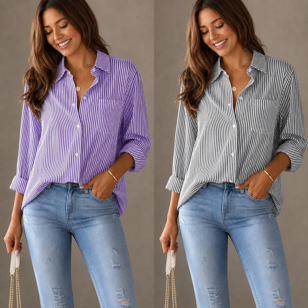 Women's Striped Button-Front Long Sleeve Blouse - Purple / Black
