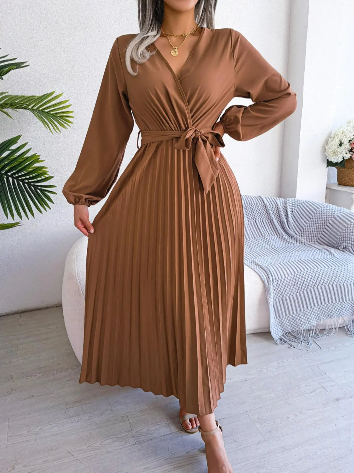 Women's Pleated Belted Wrap V-Neck Midi Dress - Brown