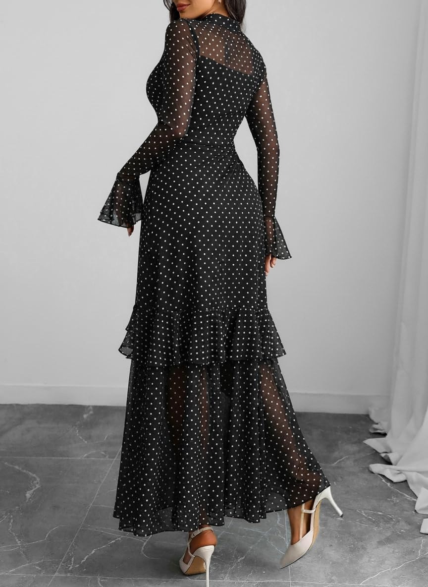 Women’s Floral Mesh Long Sleeve Ruffle Maxi Dress