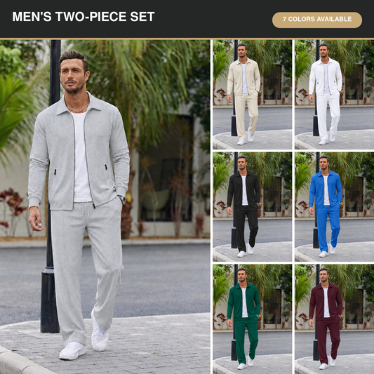 Men’s Textured Zip-Up Jacket & Pants Set – Smart Casual Two-Piece Outfit