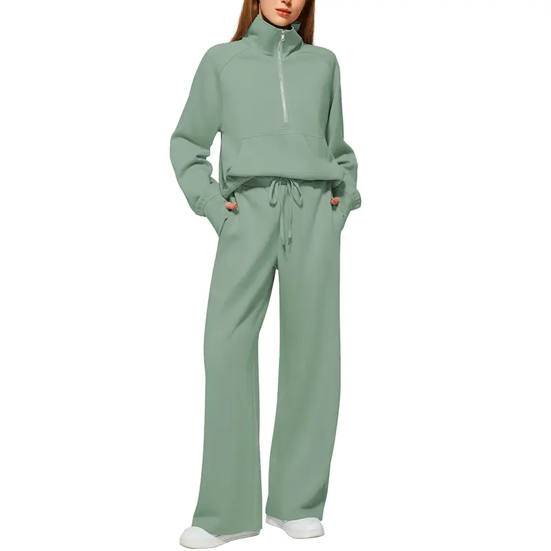 Women's 2-Piece Chic Ribbed Silk-Like Loungewear Set - Drop-Shoulder Oversized Half-Zip Pullover Top with Thumbholes, High-Waist Wide-Leg Pants (Skim, Not Hug) - Fitness & Outdoor Travel Essentials