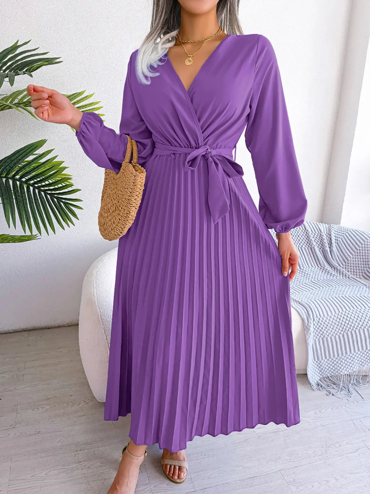 Women's Pleated Belted Wrap V-Neck Midi Dress - Purple
