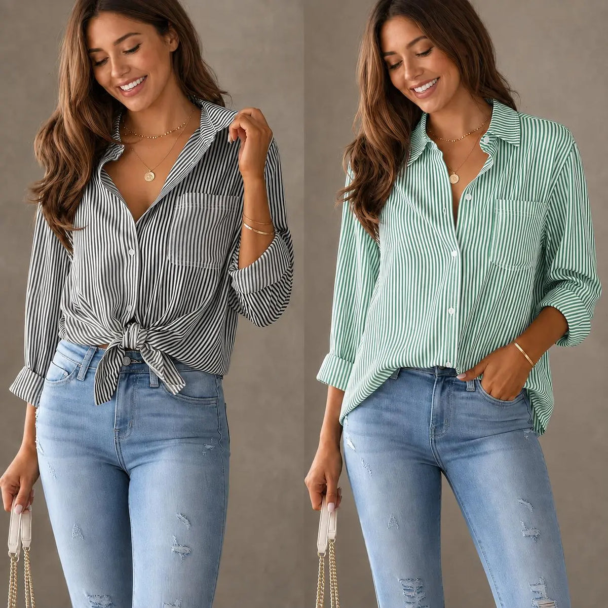 Women's Striped Button-Front Long Sleeve Blouse - Black / Green