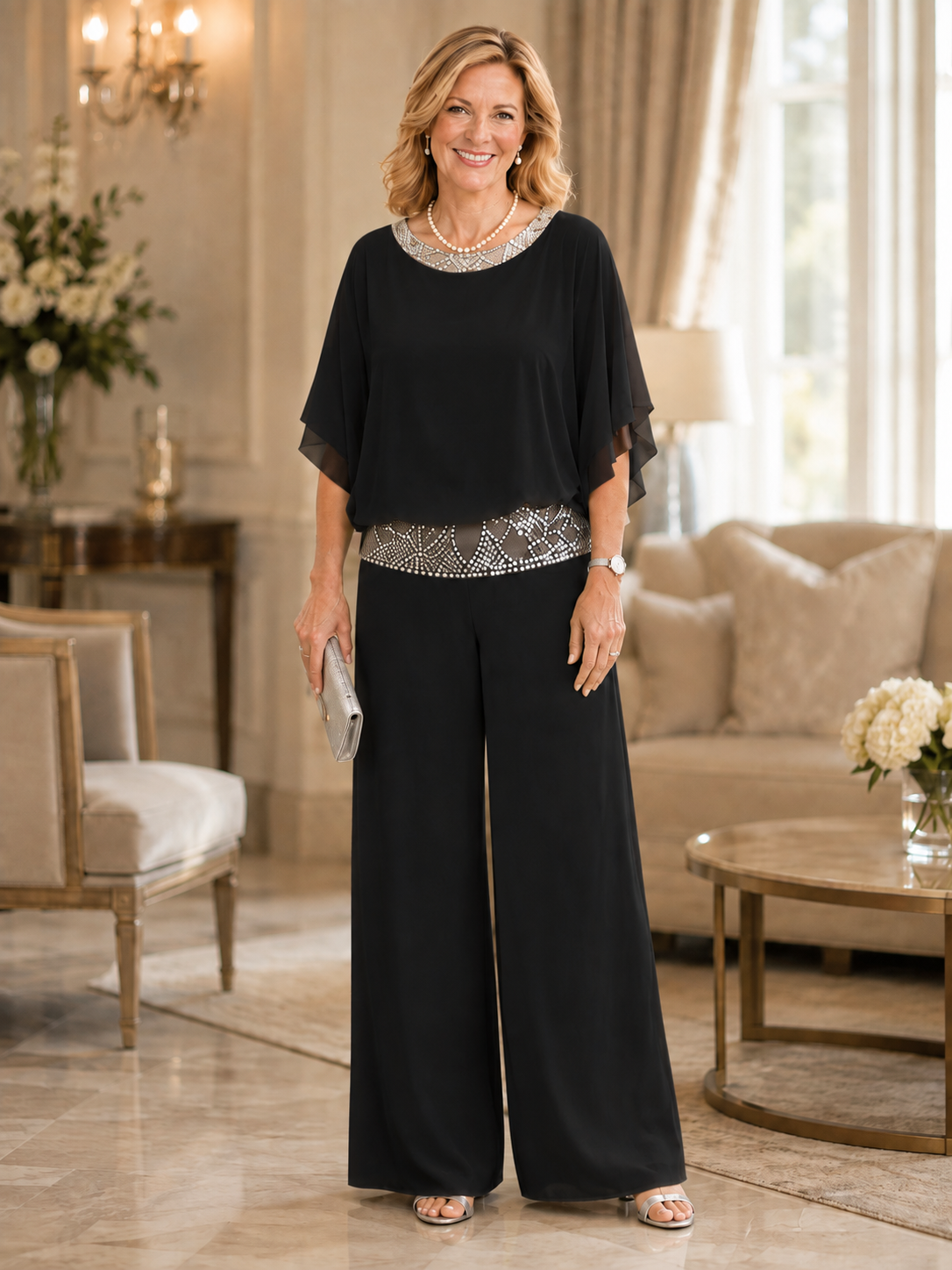 Women's Elegant Sequin Two Piece Set – Loose Fit Sparkle Top & Wide Leg Pants Outfit