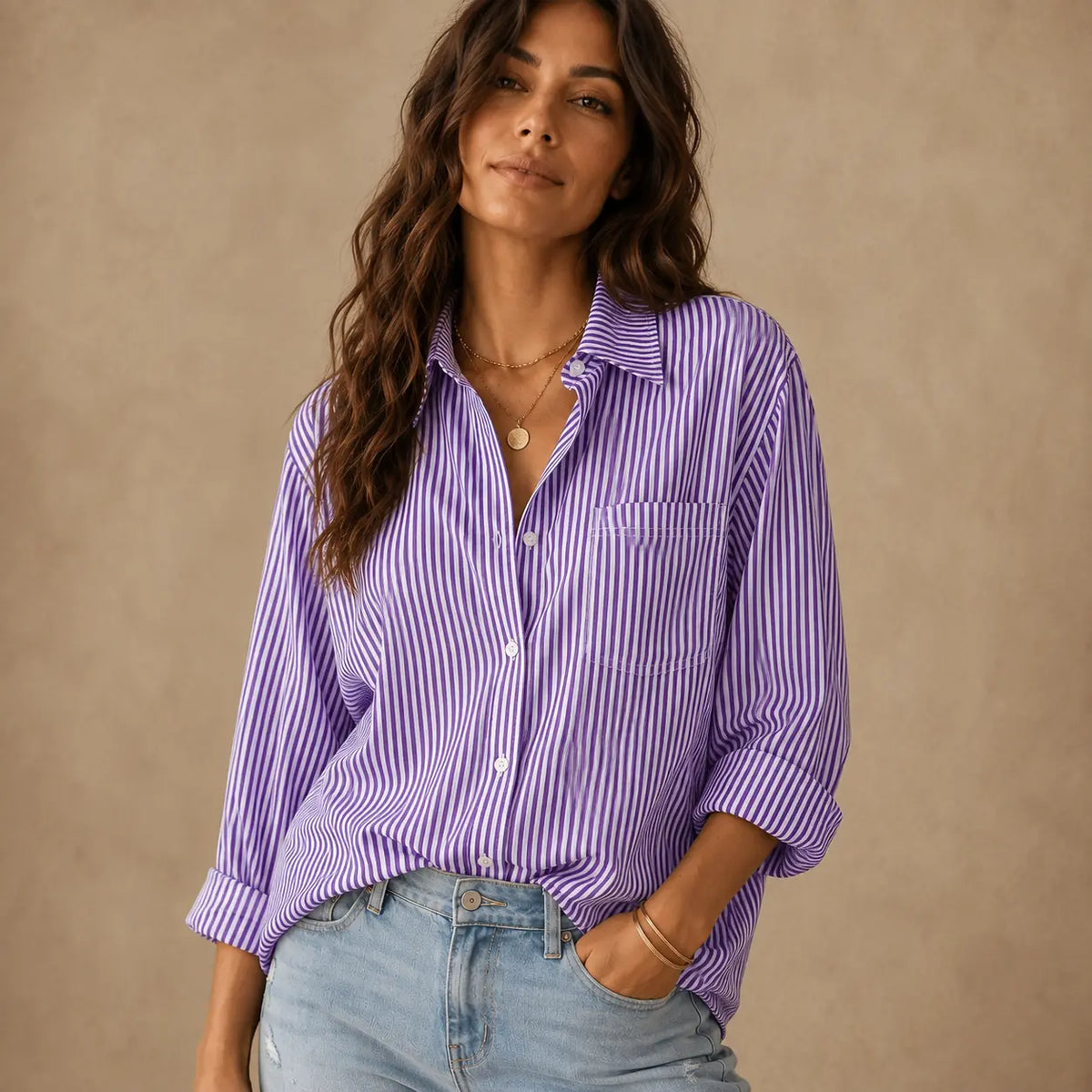 Women's Striped Button-Front Long Sleeve Blouse - product detail 3