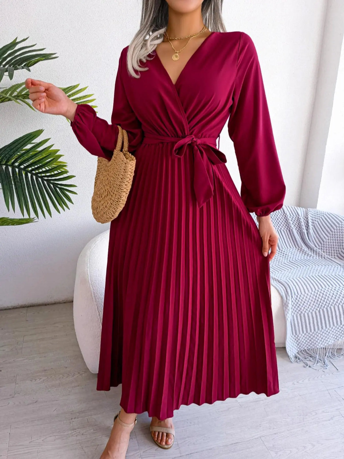 Women's Pleated Belted Wrap V-Neck Midi Dress - Burgundy