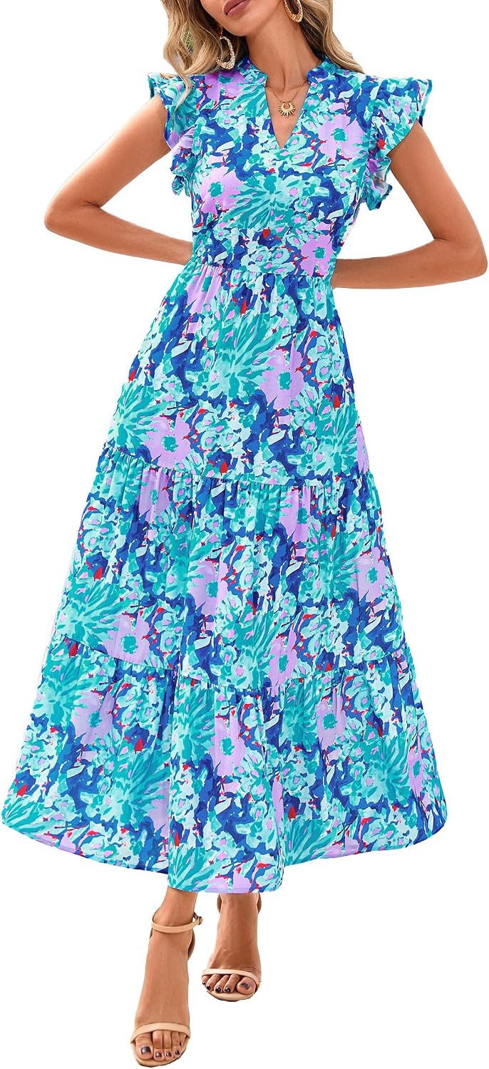 Women's Summer Boho Floral Flowy Midi Dresses