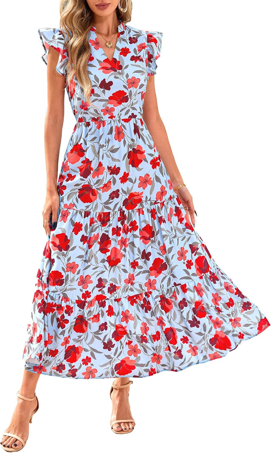 Women's Summer Boho Floral Flowy Midi Dresses
