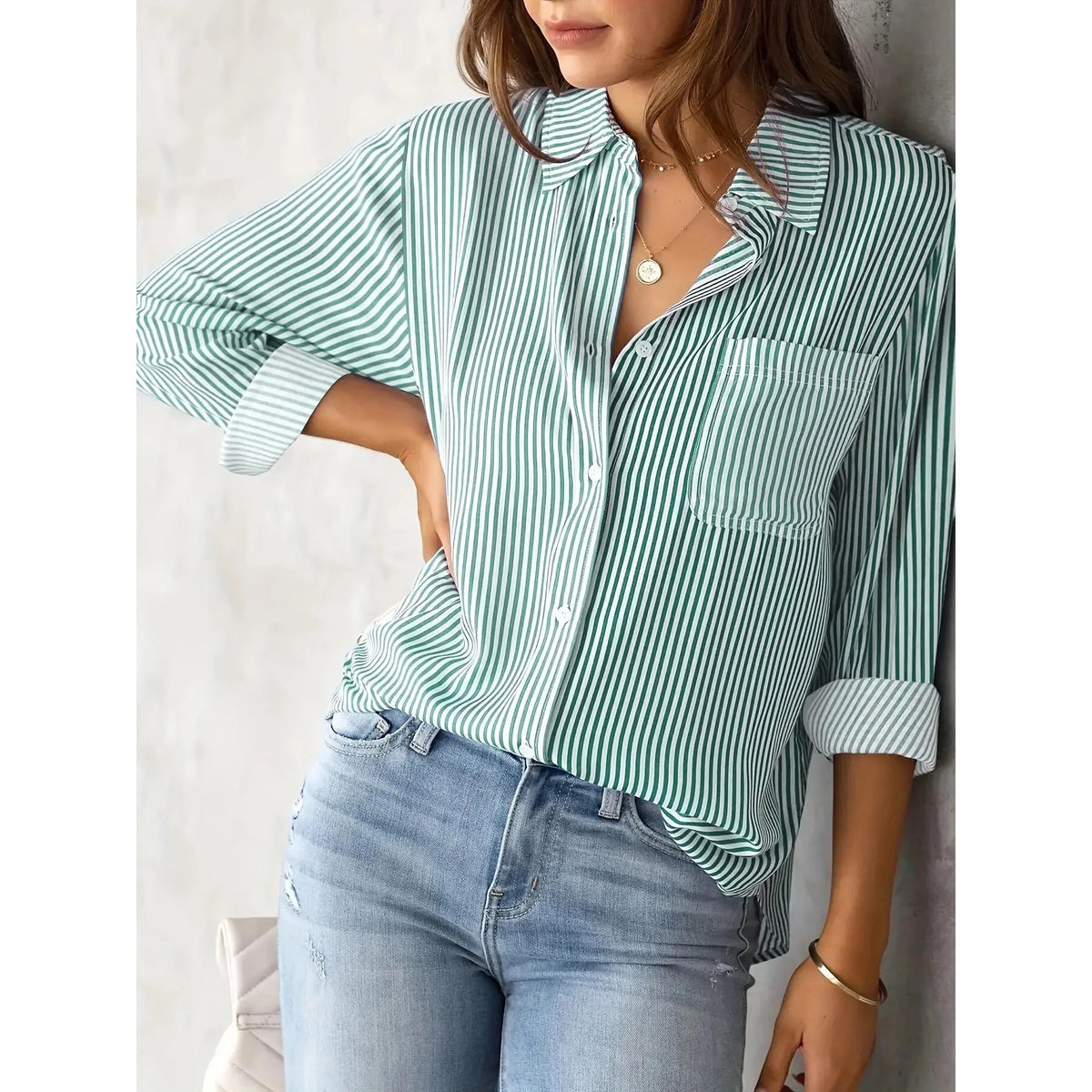Women's Striped Button-Front Long Sleeve Blouse - Green
