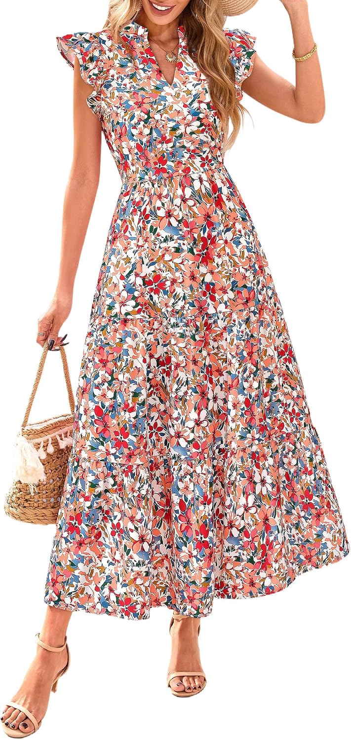 Women's Summer Boho Floral Flowy Midi Dresses
