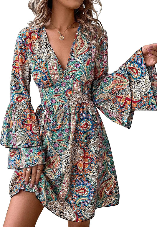 ONLYWOOD Womens V Neck Casual Long Flared Sleeves Blouse A-Line Elegant Mini Short Swing Dress High Waist Paty Dresses