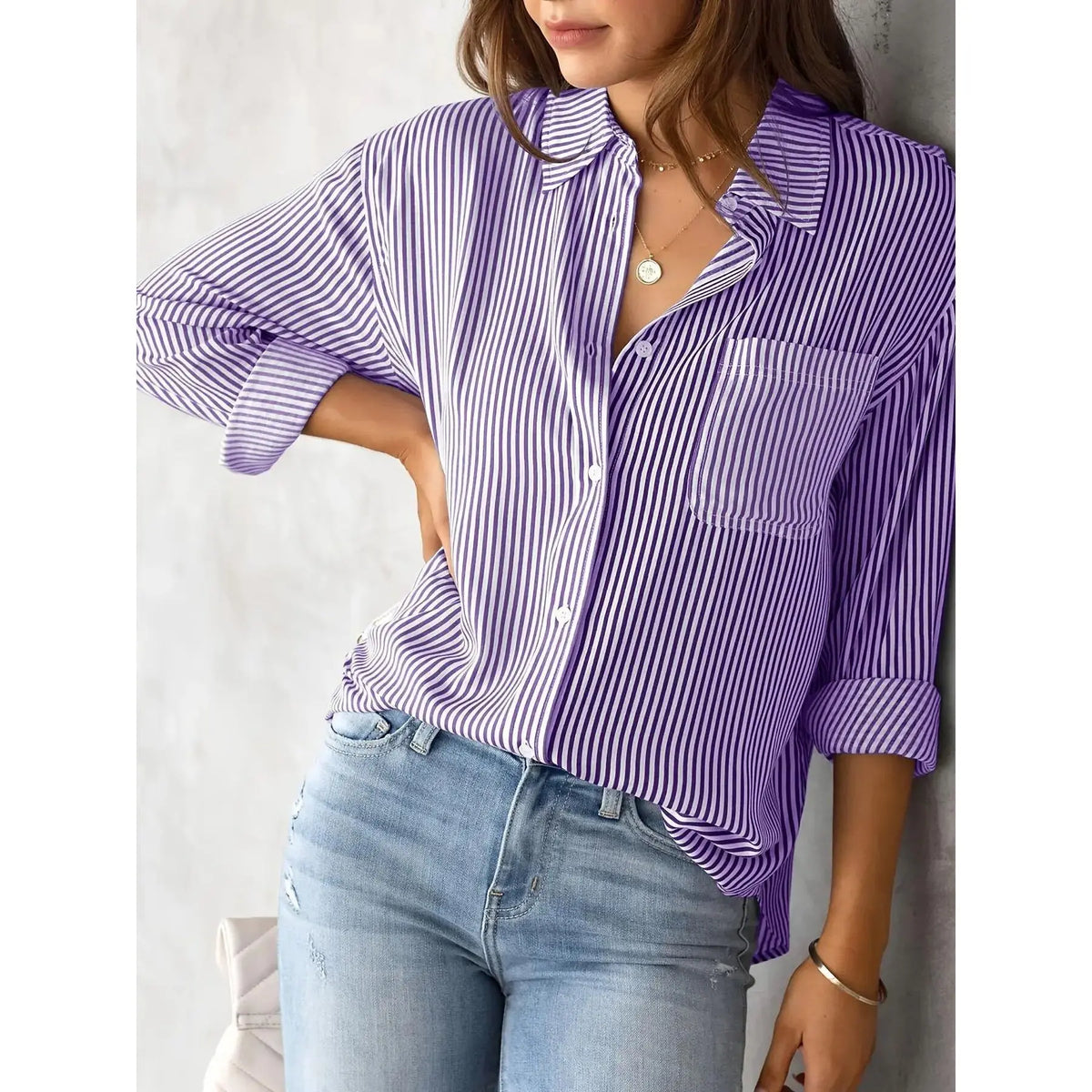Women's Striped Button-Front Long Sleeve Blouse - Purple