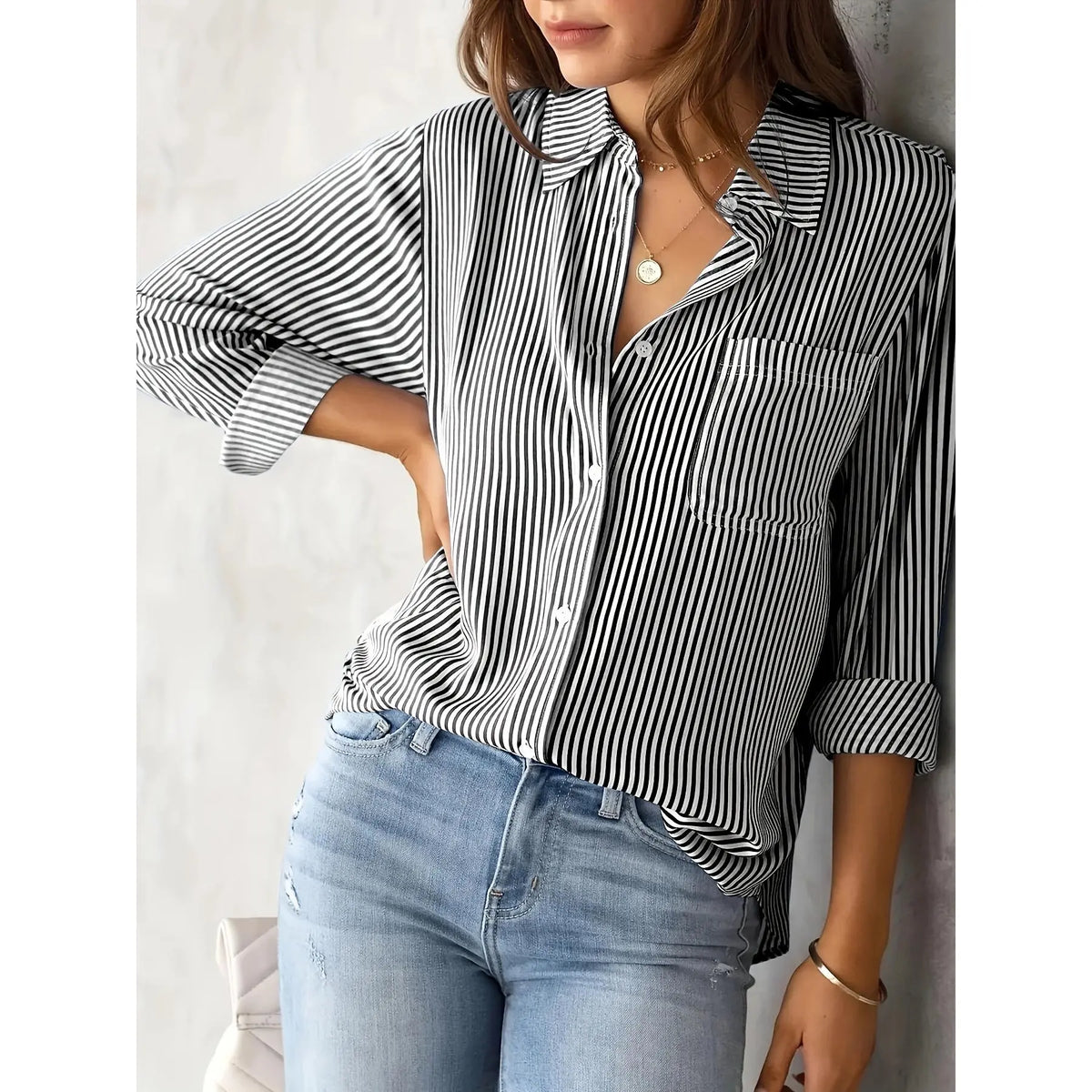 Women's Striped Button-Front Long Sleeve Blouse - product detail 7