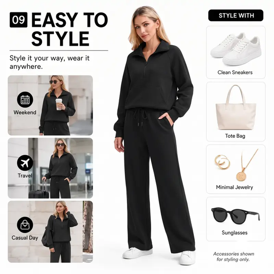 Women's 2-Piece Chic Ribbed Silk-Like Loungewear Set - Drop-Shoulder Oversized Half-Zip Pullover Top with Thumbholes, High-Waist Wide-Leg Pants (Skim, Not Hug) - Fitness & Outdoor Travel Essentials