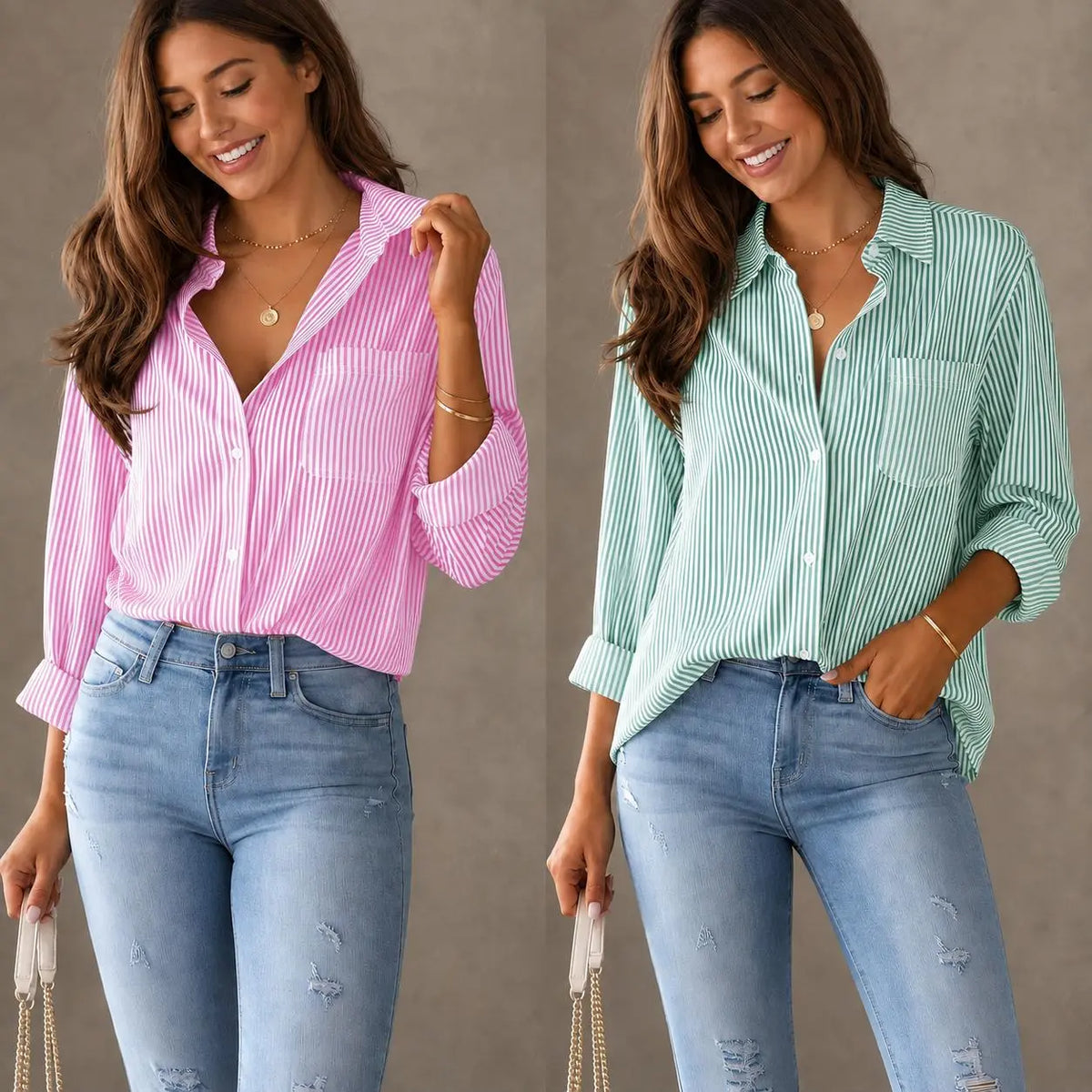 Women's Striped Button-Front Long Sleeve Blouse - Pink / Green