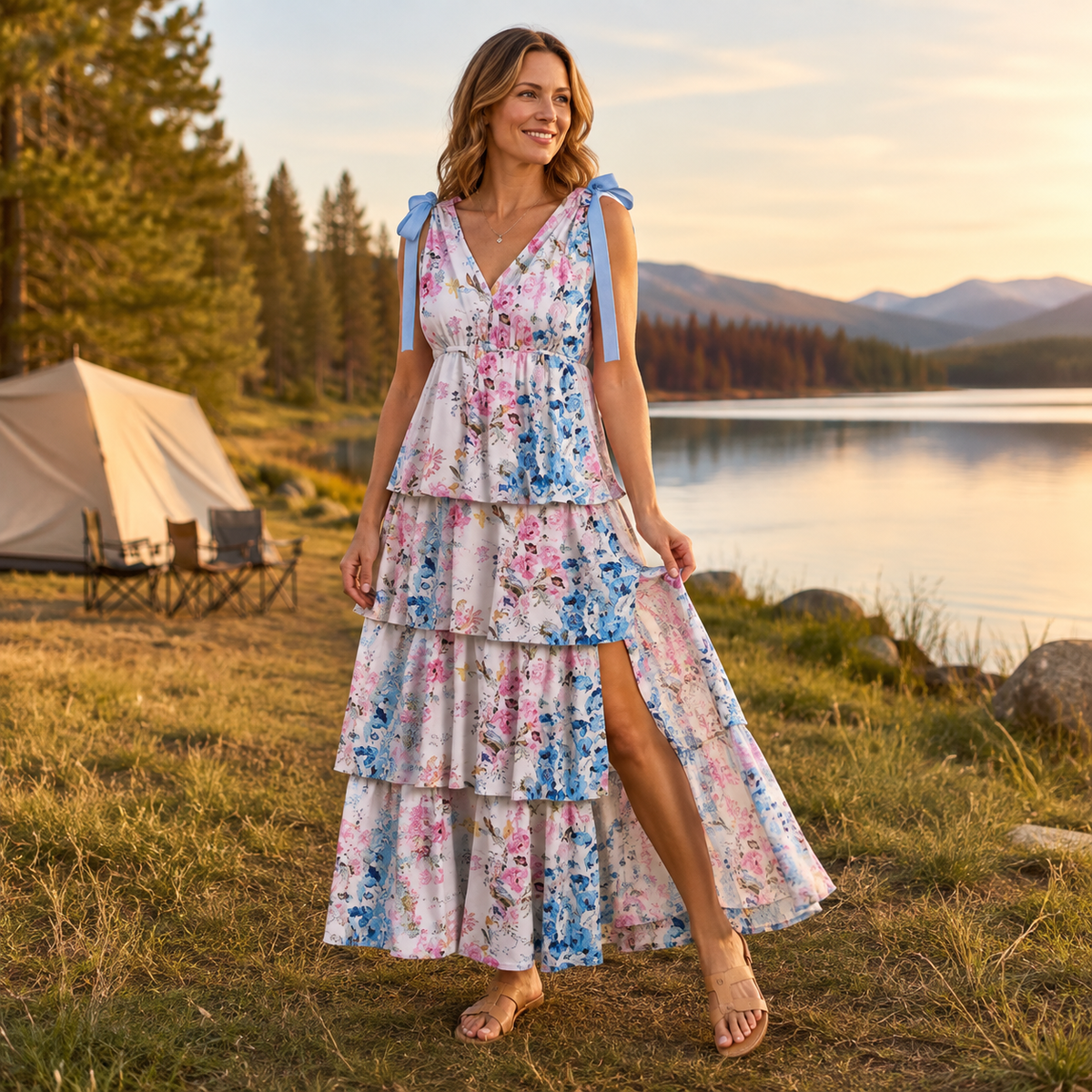 Women’s Boho Floral Tie-Shoulder Tiered Maxi Dress