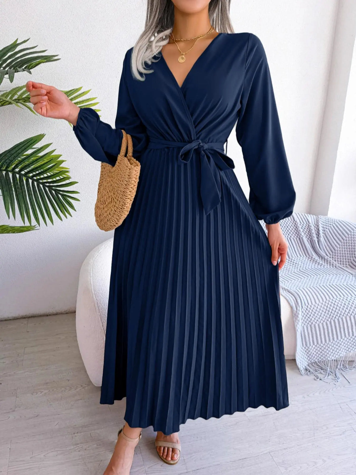 Women's Pleated Belted Wrap V-Neck Midi Dress - Navy Blue