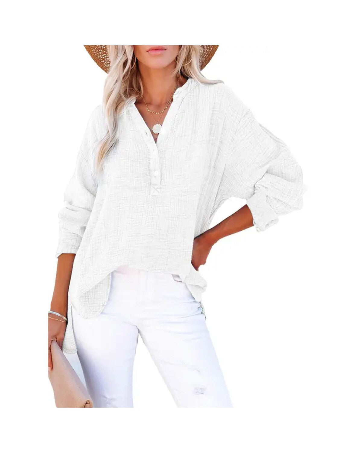 Womens Casual Button V Neck Long Sleeve Shirts Oversized Solid Blouses Tops